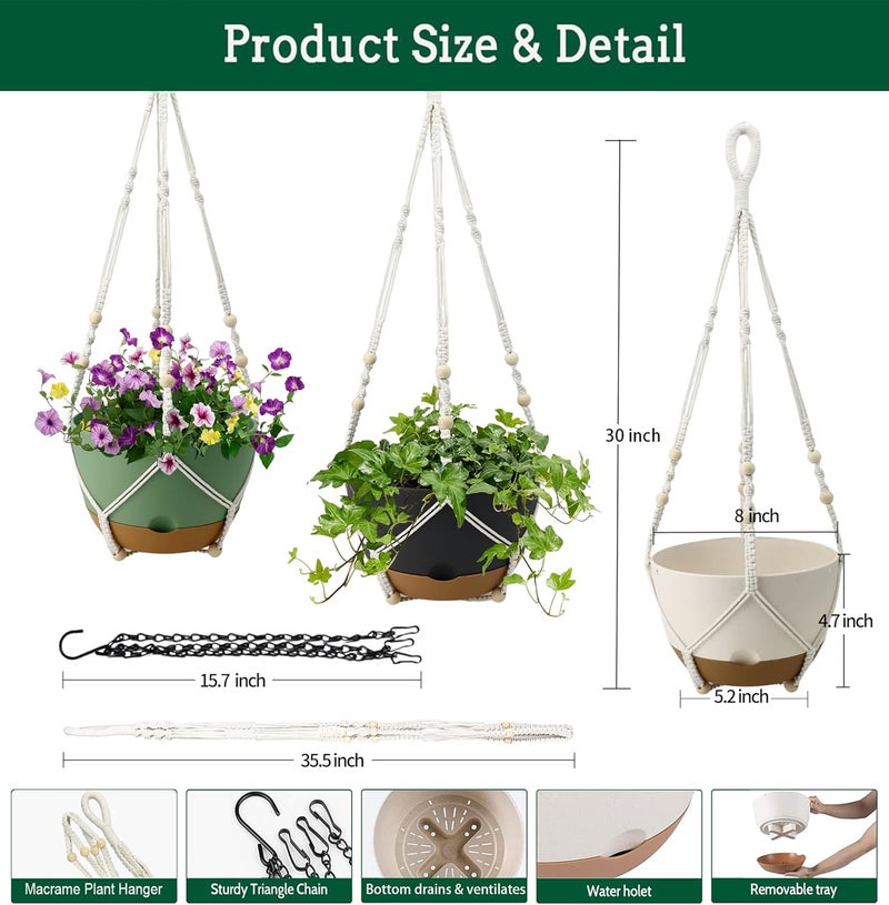 Koalaime 3 Pack Hanging Planters Set, 8 Inch Indoor Outdoor Hanging Plant Pot Basket,Hanging Flower Pot with Drainage Hole with 3 Hooks for Garden Home(8 inch Combination) - Image 2